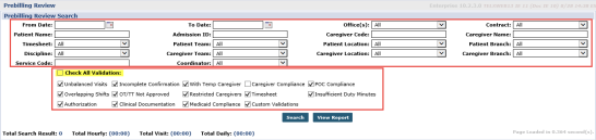 Prebilling Review Page: Search and Validation Parameters